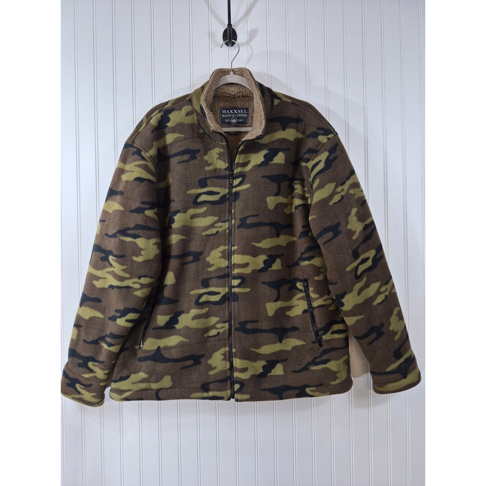 Maxxsel Mens Camo Fleece Jacket Sherpa Lined Full Zip Woodland Camouflage XL
